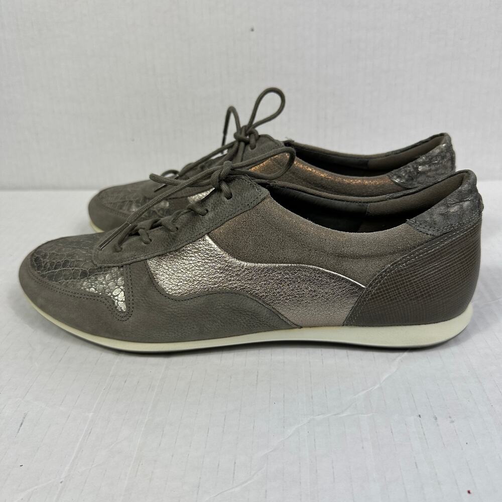 Ecco Shoes Womens 7 7.5 38Warm Grey Metallic Leather Low Top Casual Sneakers